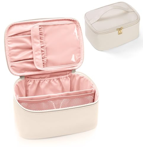 Aucuu Resesminkväska med stor kapacitet för kvinnor och flickor, vattentät PU-läderförvaring sminkväska med handtag bärbar researrangör, Beige - A, Klassisk