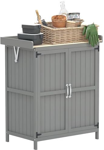 Outsunny Outdoor Storage Cabinet, Garden Tool Shed with Metal Tabletop and Shelf, Wooden Potting Bench with 2 Doors for Backyard, Patio, Lawn, Gray