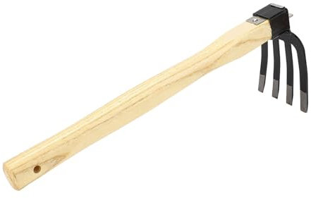 Natudeco Garden Hand Tiller Long Wooden Handle Garden Tool Wooden Handle Four Claw Rake for Digging Cutting Roots Weeding Plowing