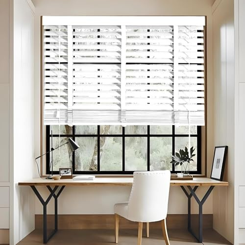 Individuelle schnurlose Holzrollos, 5,1 cm, verdunkelnde Jalousien für Fenster, wasserdicht, horizontale Jalousien für Schlafzimmer, Büro und Küche, leicht zu reinigen und stilvoll (Blanc)