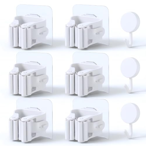 BASAMA ®️ 6 piezas Colgador Escobas y Fregonas con adhesivo, sin agujeros + 3 ganchos adhesivos | Soporte Escobas Pared de facil instalación (6 piezas)
