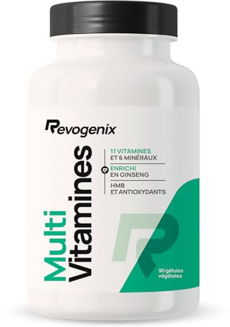 Multivitamines et Minéraux | 21 Nutriments dont Vitamines B12, C, D3, E, Zinc, Chrome | Enrichi en Ginseng, HMB et L-Tyrosine | Immunité, Énergie et Musculation | 90 Gélules Vegan | Revogenix