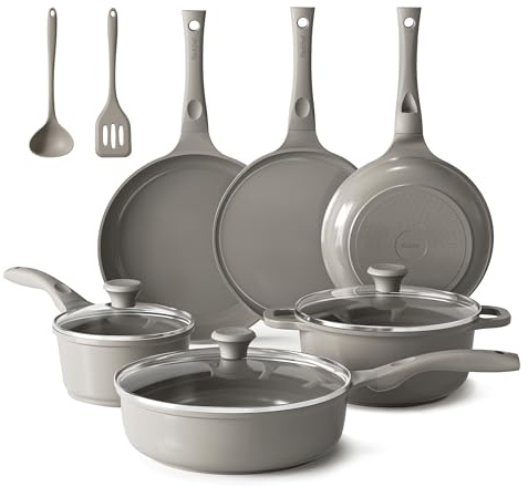 Redchef Topfsets Pfannenset, Keramik Topfset Induktion, Kochgeschirr-Set 11-teiliges, Induktions Töpfe Set mit Glasdeckel, PTFE-frei PFAS-frei für alle Herdarten geeignet, Spülmaschinenfest (Grau)