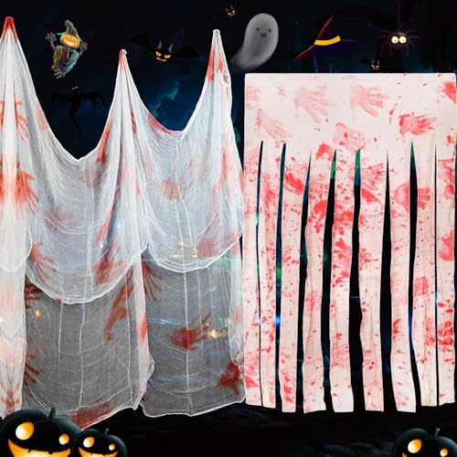Wzone Halloween Deco Tul Sangriento 215x600cm con Cortina Puerta Manos sangrientas 1.65×1m, Tela Espeluznante para Fiesta Terror, Puerta, Ventana, casa embrujada