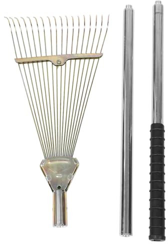 HIAKDOFT Rastrillo De Metal Rastrillo De Hojas De Jardín Resistente con Mango Desmontable Inoxidable Y Cabezal Expandible De Metal para Aflojar Y Recoger Residuos En El