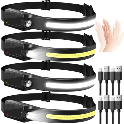 Aigostar Linterna Frontal LED Recargable，4 Piezas，Linterna de Cabeza LED con Sensor de Movimiento，6 Modos de Luz，230 ° Ángulo Ancho，USB C ，0.14lb Ligera para Camping，Correr，Ciclismo，Pescar