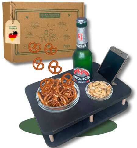 Couchbar Snackbar YOLO 1.0 - PERSONALISIERBAR - Couch Bar mit 2 Snackschalen - Sofatablett für Snacks & Getränke - Snackbar mit Getränkehalter (Schwarz mit Gravur)