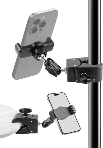 BILIONE Mic Stand Phone Holder, Pole Mount Clamp Phone Holder 360° Rotation for Microphone Guitar Drums Music Photography Light Stand, Compatible with 4 to 7 Smartphones