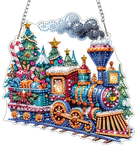 Bowetile Diamond Painting Anhänger Weihnachtszug, Weihnachten Diamond Painting Fensterbilder für Erwachsene, Kinder Hängende Ornament Motive Bastelset für Wand Fenzer Garten, Decor Geschenk