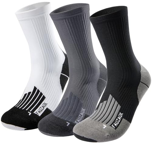 Fauzauk-Pro Crew Mens Running Socks 3 Pack Compression Socks Cushioned Anti Blister Socks for Sports Hiking Cycling Size 8-12
