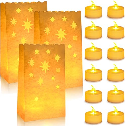 12 Candele a LED Senza Fiamma e 12 Sacchetti di Candela Luci Tealight Realistiche Luminose Lumini a Batteria Flickering Flameless Candele per San Valentino Matrimonio Compleanno Feste Natale (Stelle)