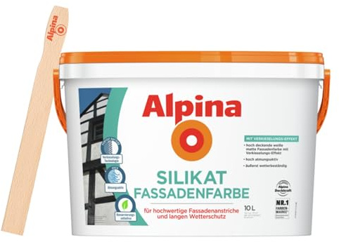 Alpina Silikat Fassadenfarbe 10 Liter Weiß – spezialfarbe für mineralische Untergründe mit starker Witterungsbeständigkeit – inkl. gratis Rührholz