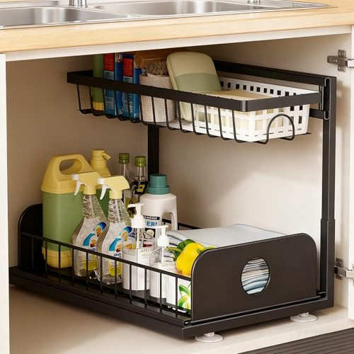ProChosen Under Sink Storage Kitchen Organiser, 2 Tier Metal Pull Out Kitchen Storage & Organisation Under Sink Shelf, Multi-Purpose Organisation for Bathroom Countertop