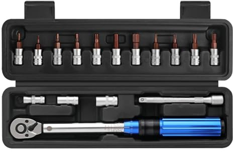 Fyearfly Juego de llaves dinamométricas de 1/4 pulgadas para bicicletas, kit de 16 piezas con enchufes hexagonales, rango de 2-24 Nm, esencial para reparaciones precisas de bicicletas