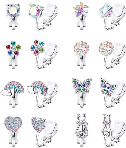 HTTDSLF 6 Pares Pendientes Niña Plata Pendientes Clip Orejas Juego de Aretes de Clip para Niñas Mariposa Flor Corazón Arcoíris Pequeño Clips No Piercing Regalo de Joyería Mujer Multicolor (Style B)