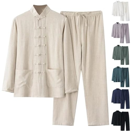 Tai Chi Tuta Uomo Tang Abito Stile Cinese Manica Lunga Cotone Camicia+Pantaloni 2 Divisori Tradizionale Arti Marziali Abbigliamento Traspirante Kung Fu Uniform Set Tangzhuang Primavera Estate Tuta da