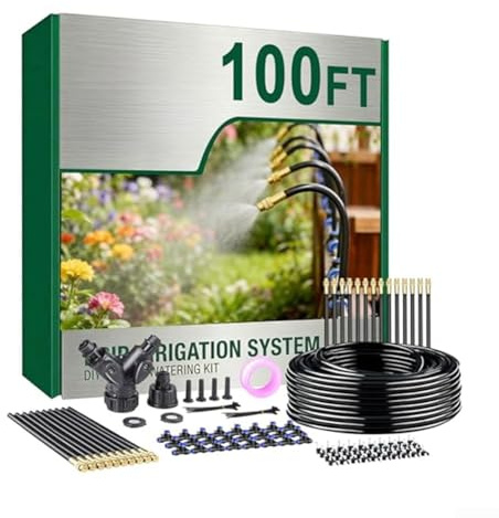 Upgraded Drip Irrigation System 100FT with 24 Adjustable Nozzles, Garden Misting Kit for Potted Plant Watering, Raised Beds, Greenhouses and Lawns