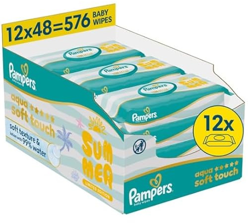 Pampers Aqua Soft Touch Baby-Feuchttücher Summer Edition, 12x48 (576 Stück) | weiche Textur & Lotion mit 99% Wasser