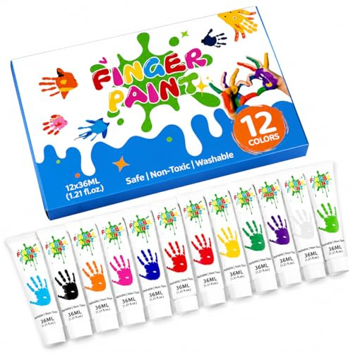SureFly Fingerfarben Set 12 Farben x 36 ml, Fingermalfarbe Waschbar für Kreative Malprojekte, Malfarbe für Papier, Karton, Bastelarbeiten, Atelier und Künstlerische Anwendungen