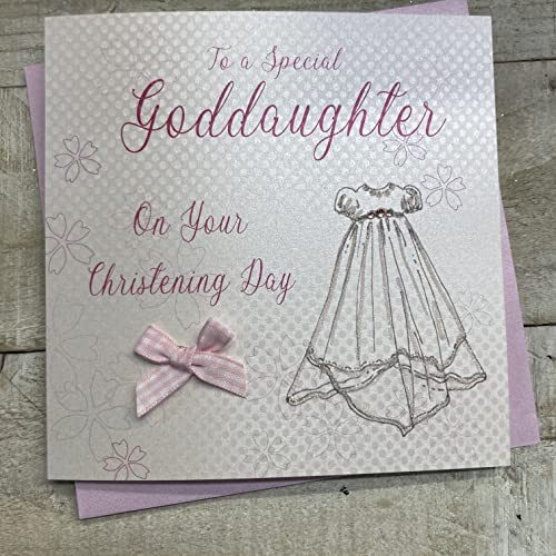 White Cotton Cards WB185 Grattiskort till dop To a Special Goddaughter On Your Christening Day, motiv: Dopklänning, handgjord, vit, engelskspråkig inskrift