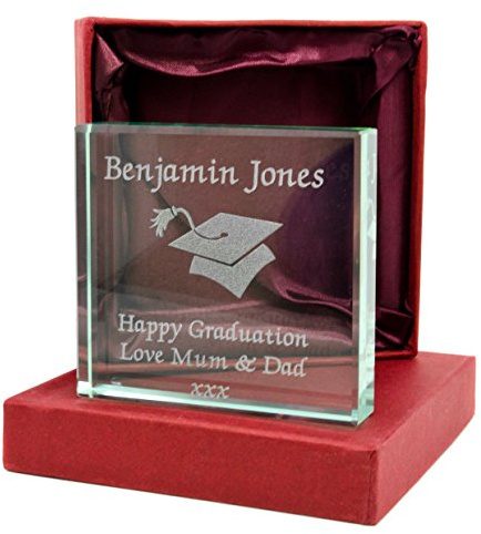 Personalised Medium Jade Glass Block, Engraved Happy Graduation, With Gift Box Enter Your Own Custom Text