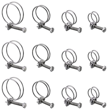 12 Pieces Double Wire Hose Clips 4 Sizes Adjustable Hose Clamps to Fit 20 mm 25 mm 32 mm 40 mm Pipes