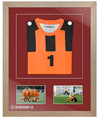 Bildershop-24 Bilderrahmen Trikotrahmen stabil RahmBig Eiche Natur 50 X 70 cm Rahmen für Trikots, Sport Shirts + Passepartout Salsarot