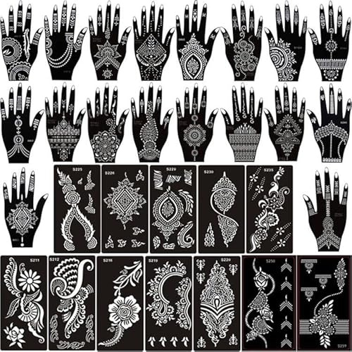 XMASIR 30 plantillas temporales de tatuaje, plantillas de tatuaje, plantillas de tatuaje para manos, india, juego de plantillas para mujeres, niñas, manos, dedos, pintura corporal