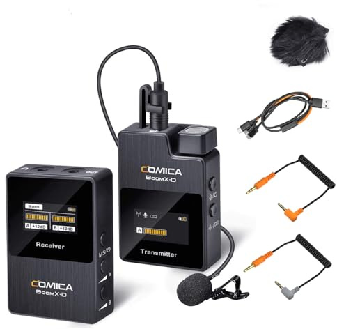 COMICA Wireless Lavalier Microphone, BoomX-D1 2.4G Wireless Microphone System with 1 Transmitter and 1 Receiver, Lav Mic for Smartphone Camera Podcast Interview YouTube Facebook Live-steam