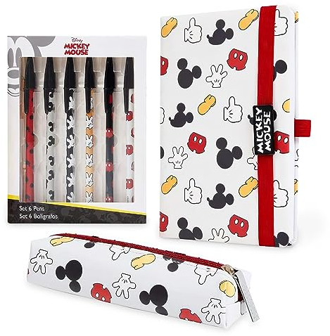 Disney 3-Teiliges Stationery Set, Schreibwaren Set mit Notitzheft A5, 6 Kugelschreibern und Federmäppchen, Geschenke für Jungen und Mädchen, Micky Maus Druck