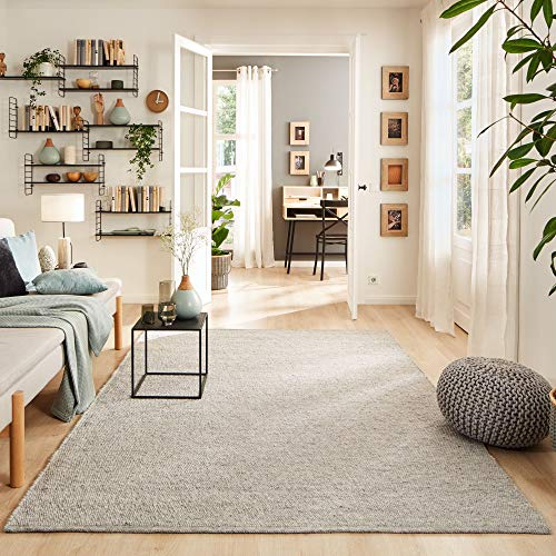 Steffensmeier Handweb Teppich Stillach | Wolle Schurwolle Neuseeland gewalkt, mit Fusselstopp Grau, handgewebt, Größe: 90x160 cm Wohnzimmer und Schlaf