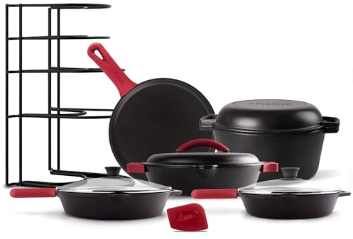 Cast Iron 17-Piece Preseasoned Cookware Set - 8+10 Skillets + Glass Lids + 5-Quart Dutch Oven + 12 Braiser with Cast Iron Lid + Round Griddle + 15 Organizer Rack + Pan Scraper + Silicone Handle