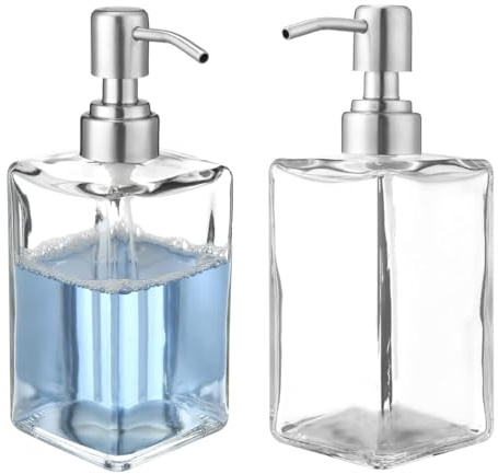 2 Stück 500ml Klarglas Seifenspender Seifenspender mit Edelstahl Pumpe für Händewaschen, Geschirr und Dusche