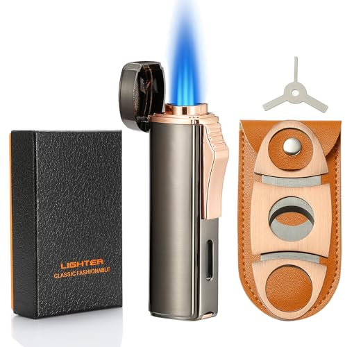 Futlidys Gas Lighter and Cutter Set, Built-in Punch, Triple Jet Flame Butane Lighter, Refillable Windproof Torch Lighters. Grey(Sold Without Gas)