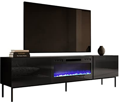 Mirjan24 TV Schrank mit Elektrischem Kamin Slide 200 Fernsehschrank TV Lowboard Griffloses Öffnen Elektrischer Kamin, Heizung Realistische LED-Flamme (schwarz/schwarz Hochglanz Füße: Schwarz)