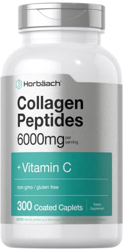 Horbäach Collagen Peptides 6000mg | 300 Caplet Pills | with Vitamin C | Hydrolyzed Collagen Supplement | Non-GMO, Gluten Free