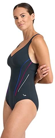 ARENA Women's Standard Bodylift One Piece Swimsuit, Night Gray-Bright Blue-Rose Violet-White