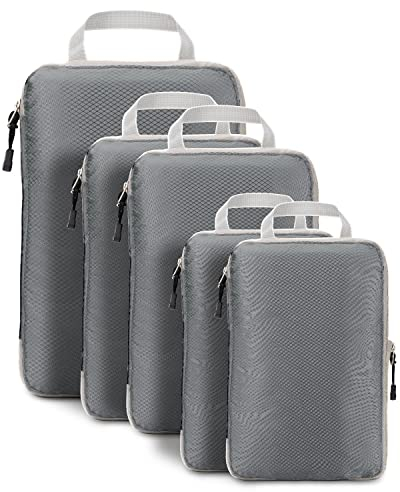 Meowoo 5-teiliges Kompressions-Packwürfel Set - Compression Packing Cubes - Wasserdichter Kofferorganizer mit Reißverschluss (XL, 2×L, 2×M) - Platzsparend für Handgepäck & Koffer (Grau)