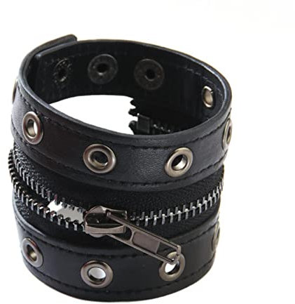 CABULE Klassisches Herren-Lederarmband, Punk, schwarz, Reißverschluss, Nieten, breite Wickelarmbänder für Männer und Frauen, Armbänder, Zubehör, Schmuck, Geschenke - Schwarz