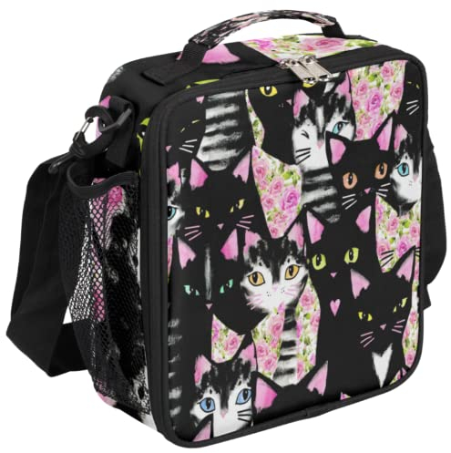 Linda lonchera de gato negro, lonchera de flores rosas, bolsa de almuerzo aislada, bolsa térmica con correa de hombro ajustable extraíble para mujeres, hombres, oficina, picnic