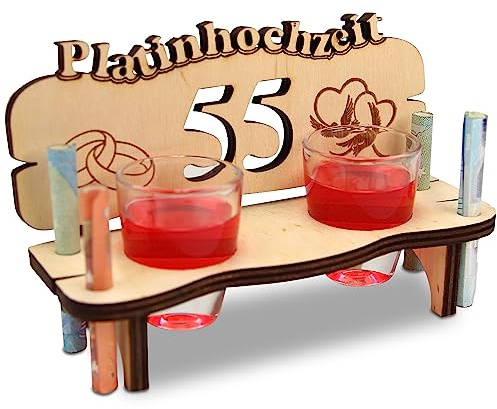 Urhome Hochzeit Schnapsbank aus Holz und 2 Schnapsgläser - 55. Hochzeitstag zur Platinhochzeit - Hochzeitsbank mit Gläser zum Jubiläum Jahrestag - Hochzeitsgeschenk für Brautpaar