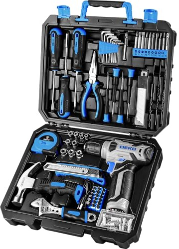 DEKOPRO Drill Set: Tool Set with 8V Blue Cordless Drill, Home Tool Kit with Drill, Hand Tool Kits for Women 126 Piece