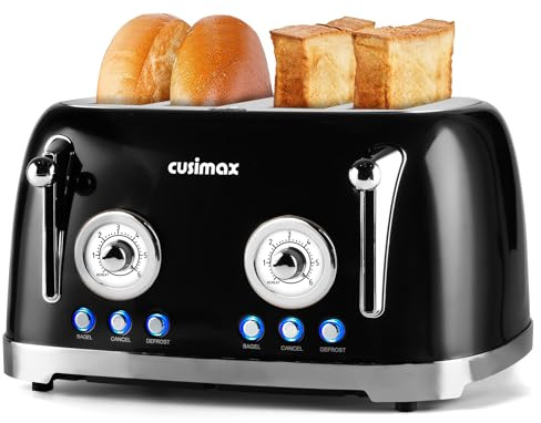 CUSIMAX Toaster 4 Slice, Retro Toaster with Wide Slots for Bagels, Stainless Steel toaster with 6 Toast Settings, Bagel, Cancel, Defrost & Reheat Functions, Dual Independent Control Panels, Black