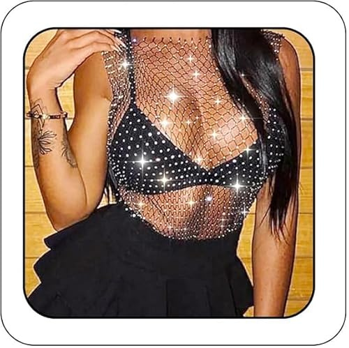 Ushiny Mesh kristall topp festival outfit strass fisknät ihåligt linne glittrande kroppstillbehör för kvinnor och flickor, Svart, M