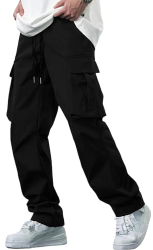 YAOBAOLE Mens Cargo Trousers Casual Trousers for Men Drawstring Cargo Pants Men Black L