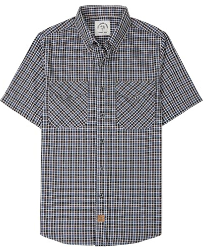 Dubinik® Camisa Bambu Hombre Camisas Hombre Manga Corta Casual Ligera Vintage Bolsillo Cuadros Camisa Manga Corta Hombre Azul Marino y marrón S
