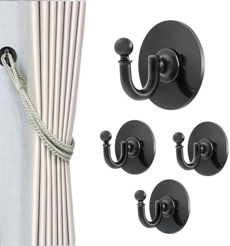 Jiamekju Curtain Holdbacks, U Shaped Adhesive Curtain Hooks, for Home Office Apartment Decor Curtain Tiebacks Hook Black 4 Pcs