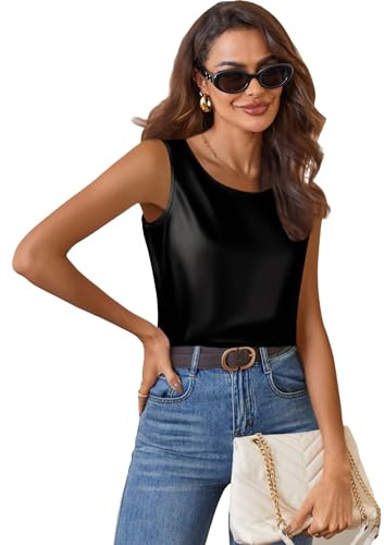 Zeagoo Top in Satin Elegante per Donne Camicetta con Scollo Rotondo Canotta T-Shirt Base Top Senza Maniche Top con Spalline Camicetta di Seta Estiva Nero XXL