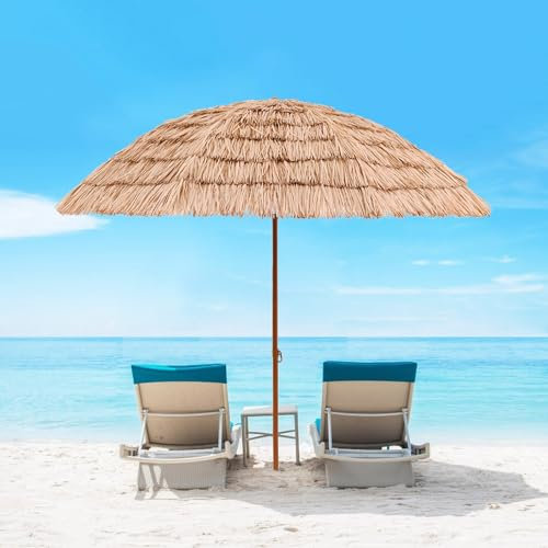 Sonnenschirm Strand Hawaii-Schirm, UV-Schutz, Strohdach, Terrassenschirm, neigbar, tragbarer Strandschirm, höhenverstellbar, Strandschirm für Sand mit 8 Streben, Marktschirm mit Tragetasche für Stran