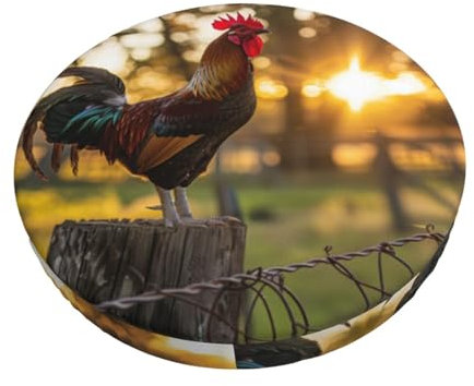 Velvet Round Stool Covers, 3 Layers Round Bar Stool Cover with Thin Pad, Rooster on Fence Stool Cushion Slipcover Replacement Bar Chair Covers for Dia.12-14 Chair